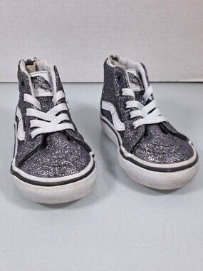 VANS Sk8-Hi Zip Silver And White Glitter Girl Toddler Shoes Size 4 High Top